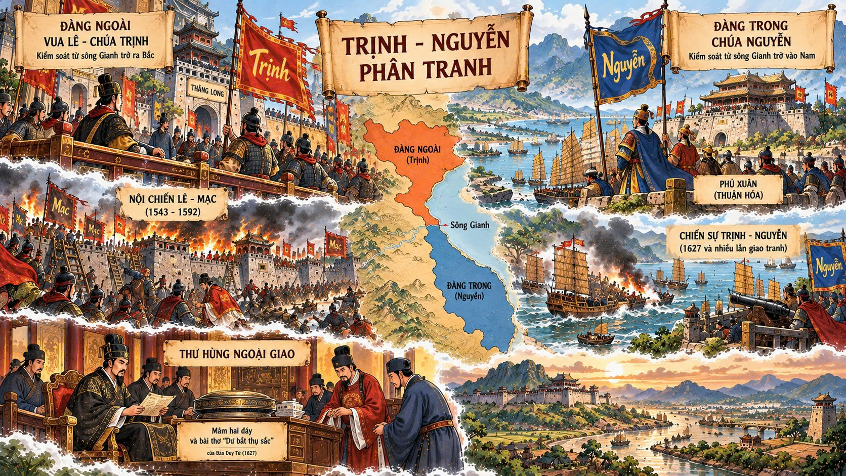 Minh họa Đàng Ngoài và Đàng Trong trong thời kỳ Trịnh - Nguyễn phân tranh
